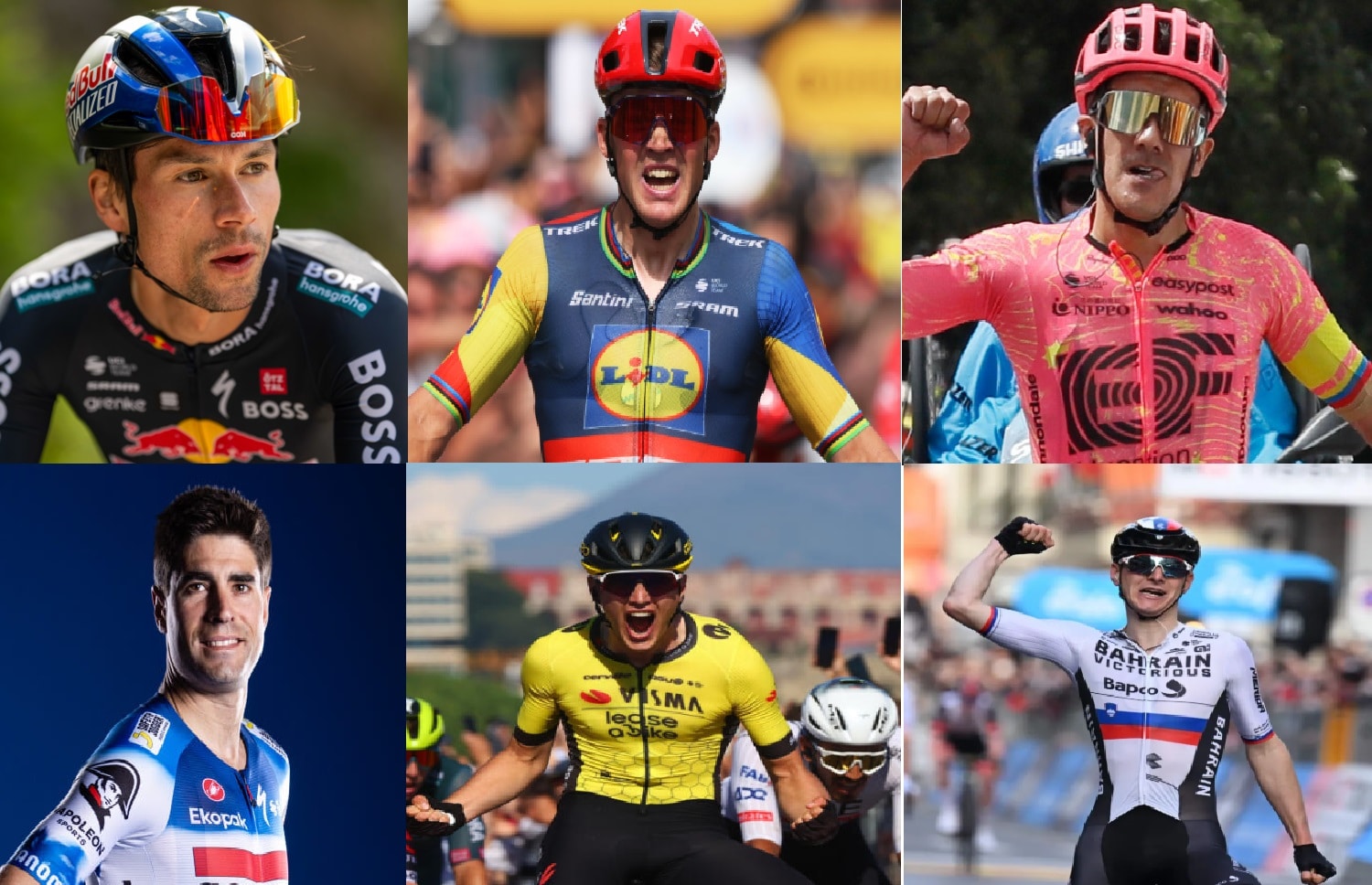 Primoz Roglic, Mads Pedersen, Richard Carapaz (arriba); Mikel Landa, Olav Kooij, Matej Mohoric (abajo)