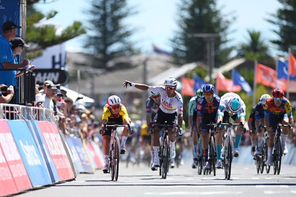 VICTOR HARBOR, AUSTRALIA - JANUARY 24: (L-R) Stage winner Bryan Coquard of France and Team Cofidis, Jhonatan Narvaez of Ecuador and UAE Team Emirates Xrg, Phil Bauhaus of Germany and Team Bahrain Victorious and Tim Torn Teutenberg of Germany and Team Lidl - Trek sprint at finish line during the 25th Santos Tour Down Under 2025, Stage 4 a 157.2km stage from Glenelg to Victor Harbor / #UCIWT / on January 24, 2025 in Victor Harbor, Australia. (Photo by Dario Belingheri/Getty Images)