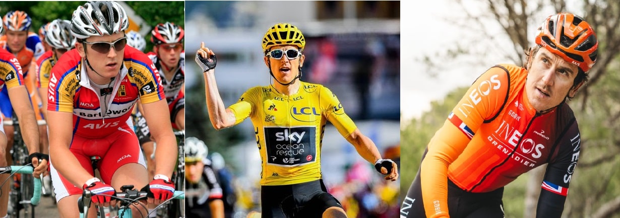Geraint Thomas en su primer Tour de 2007, al ganarlo en 2018, y en 2024.
