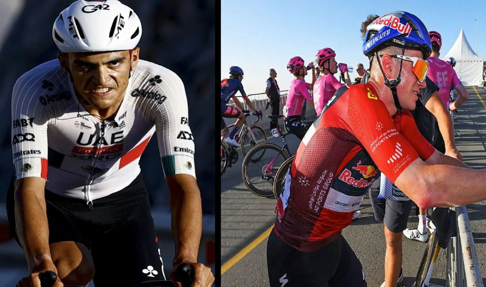 Isaac del Toro (UAE) y Remco Evenepoel (Red Bull) en la tercera etapa del UAE Tour 2026