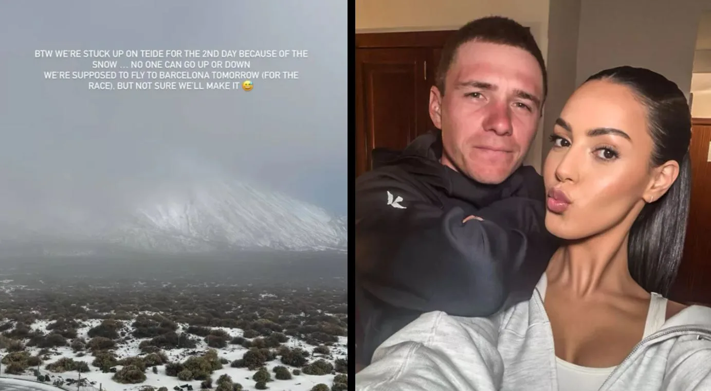 Remco Evenepoel y su esposa, Oumi, varados en un campo de altitud.