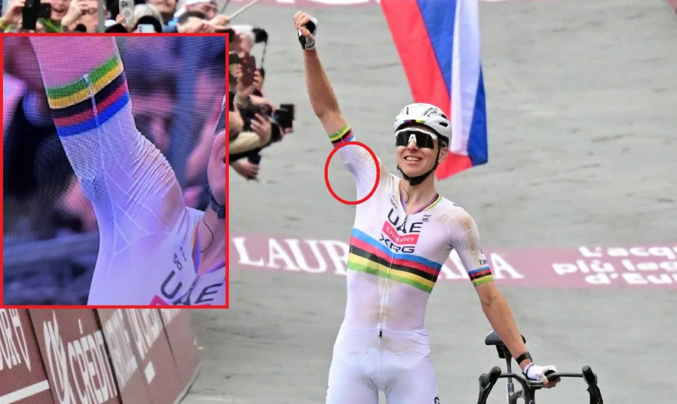 El sensor que Tadej Pogacar (UAE) portó en Strade Bianche 2026
