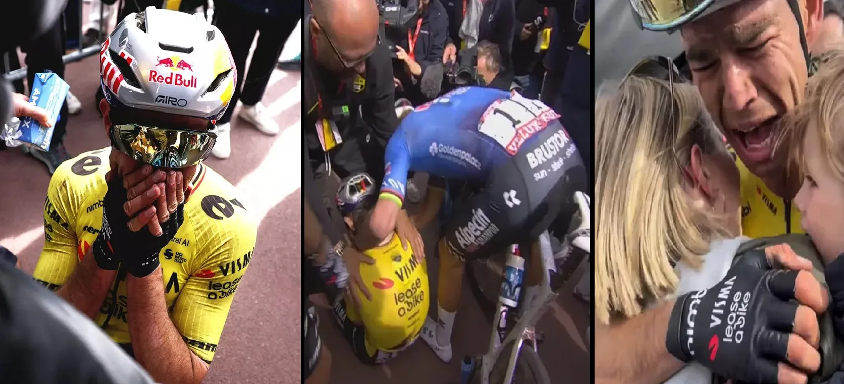 Wout van Aert, a las lágrimas, saluda a su familia y a Mathieu van der Poel tras su triunfo en París-Roubaix 2026