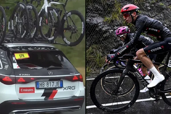 Mathys Rondel (Tudor Pro Cycling) y la ventana destrozada del coche de UAE Team Emirates en la etapa 5 del Giro d´Italia 2026