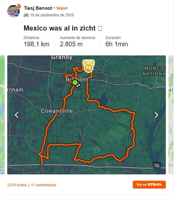 El post de Tisej Benoot en Strava donde se observa la ida y retorno que se vieron obligados a realizar